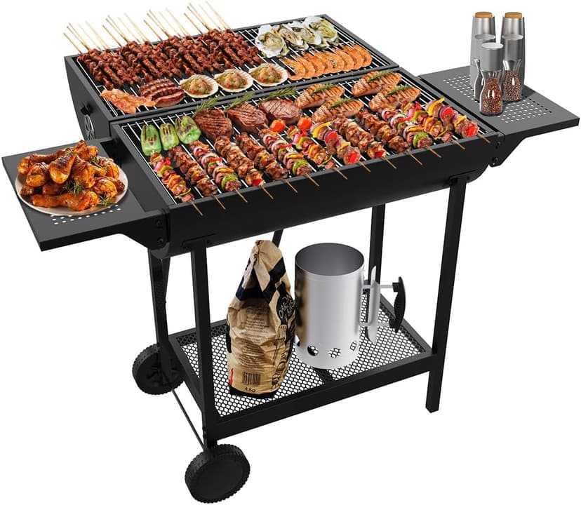 Extra Large Charcoal BBQ Grill, 918 Square Inches Cooking Space, Outdoor Barbecue Grill with 2 Foldable Side Tables for Outdoor Backyard Patio Picnic Parties Camping, Black