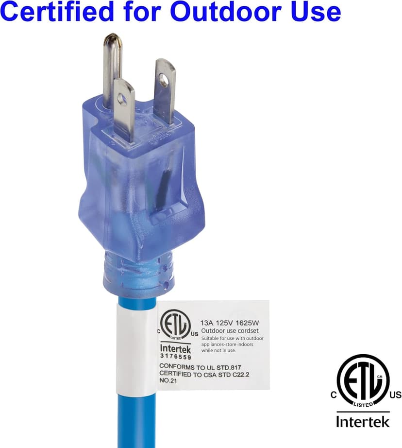 Clear Power 15 ft Extreme Cold Weather Outdoor Extension Cord, Lighted End, 16/3 SJTW, Works Down to -50°C, Power Indicator Light, 3-Prong Grounded Plug, Blue, DCOC-0072-DC