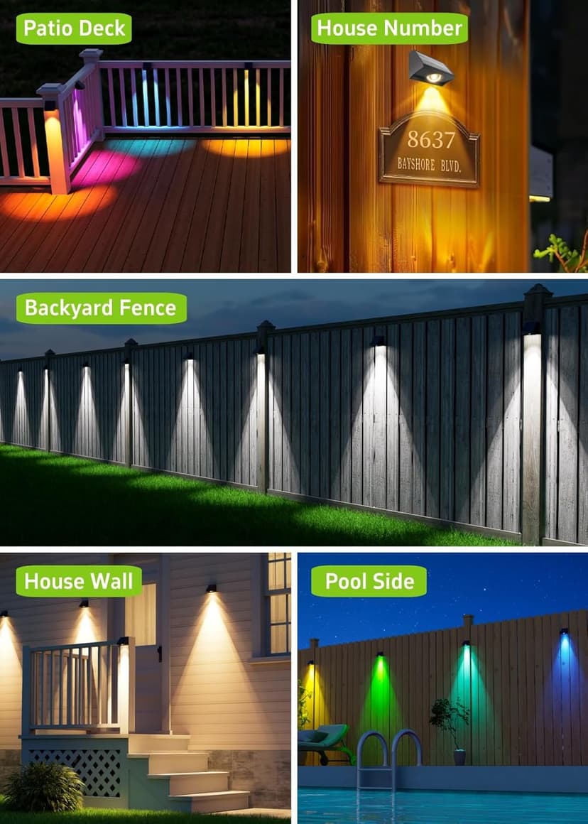 Solar Fence Lights Outdoor Waterproof High Brightness LED Spot Lens Deck Lights 7 Mode Warm & Cool White RGB Solar Powered Wall Lighting Decor for Outside Patio Step Backyard Railing Pool - 8 Pack
