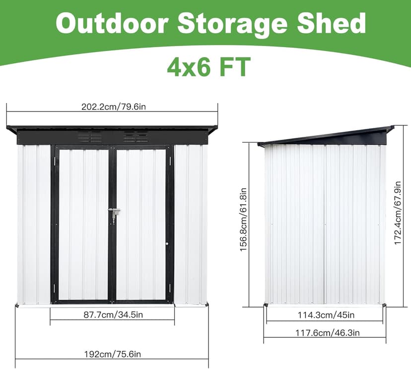 6×4Ft Outdoor Storage Shed Metal Storage Shed with Flat Roof, Weatherproof Heavy Duty Tool Shed for Backyard & Garden Equipment, Black-White