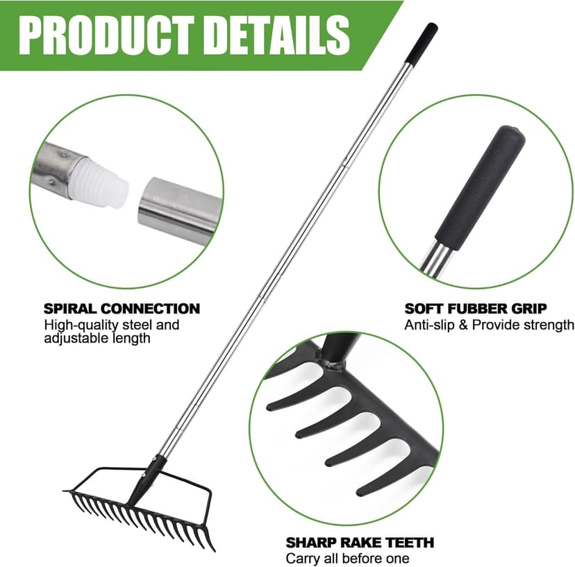 Garden Rake, Carbon Steel Sturdy and Heavy Duty Carbon Rake, Bow Rake with Adjustable Stainless Steel Handle, Long Hand for Loosening Soil Leveling Mulch Gathering Leaf