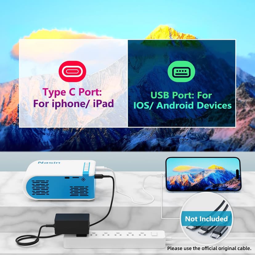 Nasin Mini Projector, 1080P Supported Portable Movie Projector, Home Theater and Outdoor Use, Compatible with IOS, Android, Tablet, Laptop, TV Stick, Type C, USB & HDMI, Bluetooth Proyector