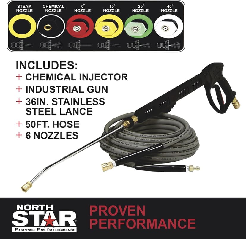 North Star Hot Water & Wet Steam Pressure Washer with Power Nozzles, Lance, Washing Gun, and Hose - Gas Powered, 3000 PSI, 4 GPM, Electric Start Honda Engine