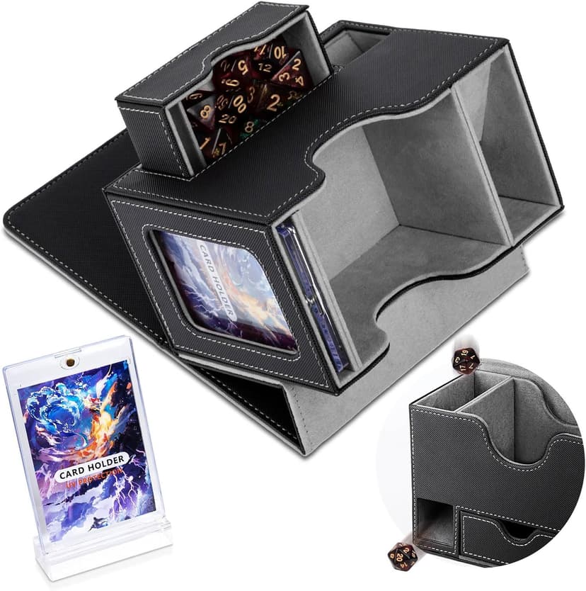 Flooyes MTG Commander Deck Box, Card Storage Box Fits 100 Double-Sleeved Cards, 35pt Card Brick, Dice Tray & Dice Pool, PU Leather Strong Magnet Card Deck Case for Magic Commander TCG CCG, Black/Grey