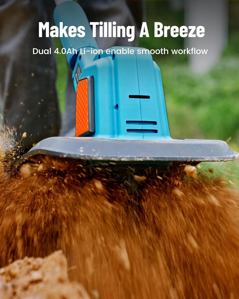 Seesii Electric Tiller for Gardening 300 RPM Rototiller Cordless Cultivator Total 8000mAh Battery Powered Garden Tiller 4 Pcs Blades for Smooth Tilling&Cleaning, Handheld Tiller for Raised Garden Beds