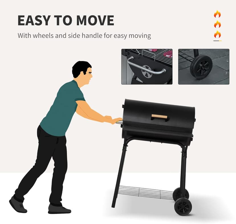 Outsunny 30" Portable Barrel Charcoal BBQ Grill, Steel Outdoor Barbecue Smoker with 370 Square Inches Cooking Space, Storage Shelf, Wheels for Garden Camping Picnic, Black