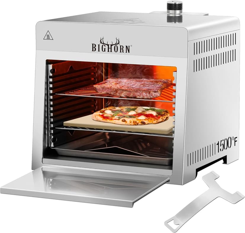 BIG HORN OUTDOORS Infrared Portable Propane Grill – 1500°F Steak Broiler, Sear Station with Pizza Stone, Salamander BBQ Grill, Small Stainless Steel Gas Grill