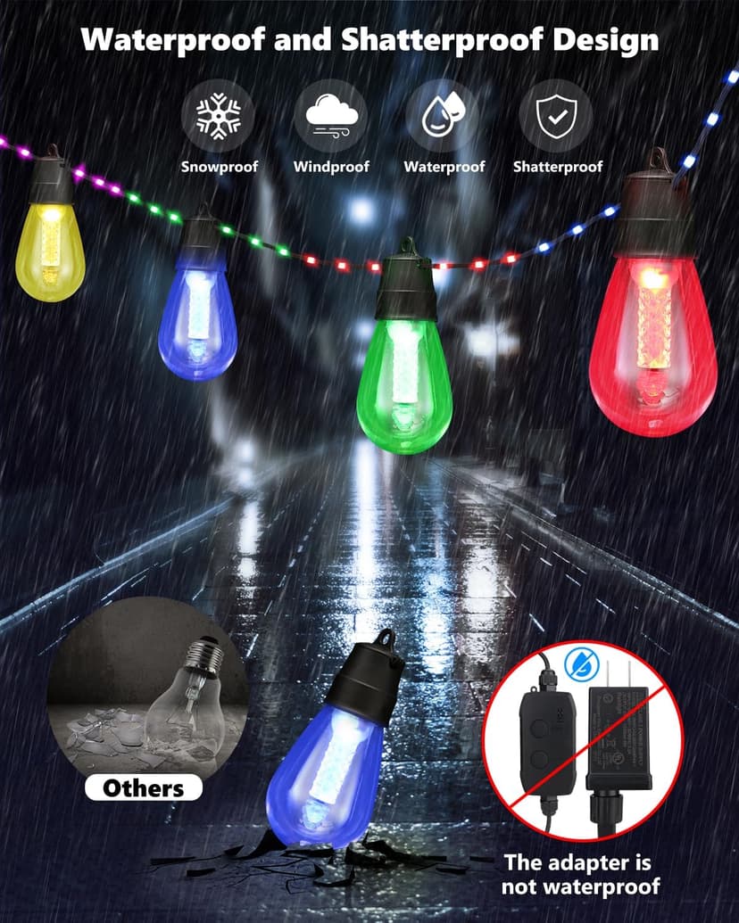 Flacchi Smart Patio Lights with Rope Fairy - 46ft Smart S14 String Lights, Waterproof Shatterproof Bluetooth APP Remote Control Dimmable for Balcony, Backyard, Party, Holiday (RGB & Warm White)