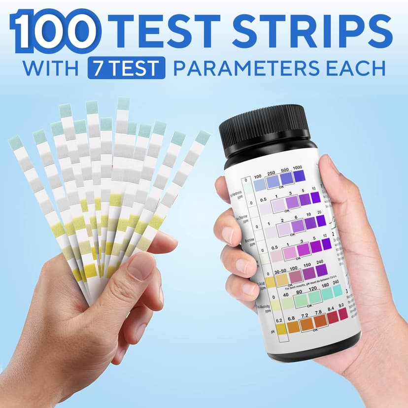 7-in-1 Accurate Pool Test Strips - 100 Hot Tub Spa Test Strips - Quick Pool Water Testing Kit - Bromine, pH, Hardness, Alkalinity, Chlorine & Cyanuric Acid - Perfect for Any Pools, Spa, Hot tubs