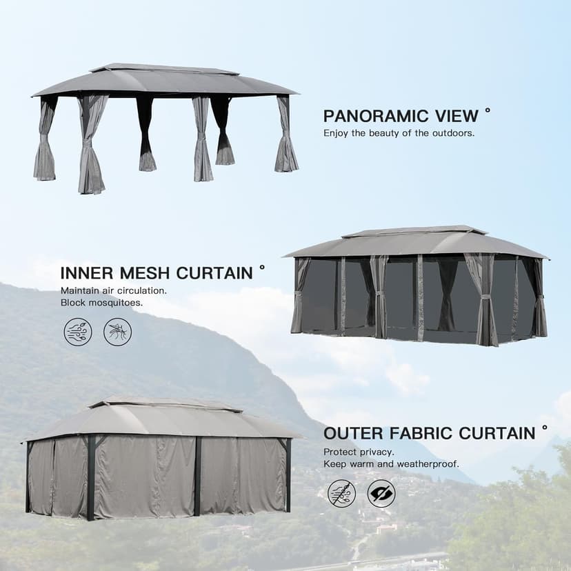 Domi Gazebo 10x20FT, Outdoor Gazebo with Double Roofs, Privacy Curtains, Mosquito Nettings, Heavy Duty Metal Frame Party Tent Canopy for Patio, Backyard, Deck, Lawn, Grey