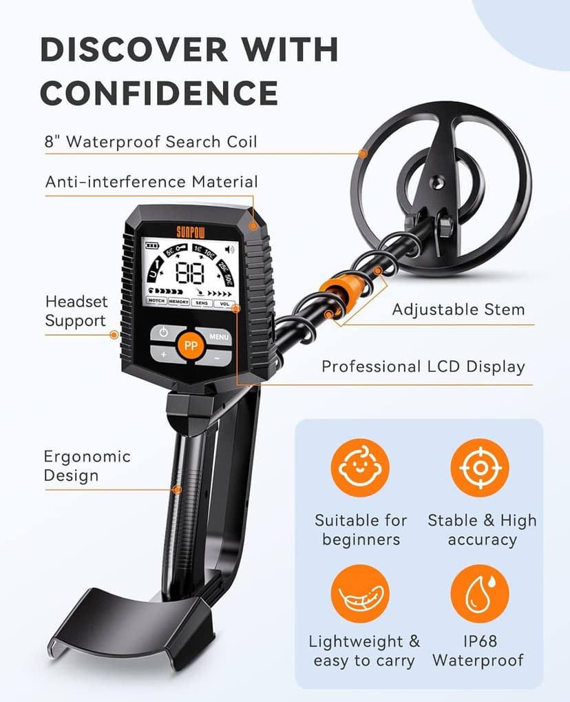 SUNPOW Metal Detector for Adults & Kids, Kids Metal Detector Waterproof for Gold Detecting, Stable Anti-Interference, Higher Accuracy, Bigger LCD Display, 4 Modes, IP68 Search Coil, OT-MD13