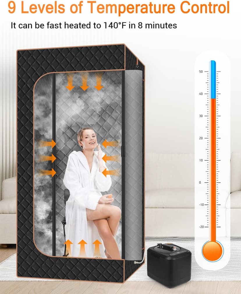 Portable Steam Sauna for Home: Full Body Sauna Box with 3L 1000W Steamer, 9Levels, Remote Control, Folding Chair, Saunas Tent for Gym, Pilates, Spa, Indoor, Outdoor, 36" x 36" x 71", Black & Brown