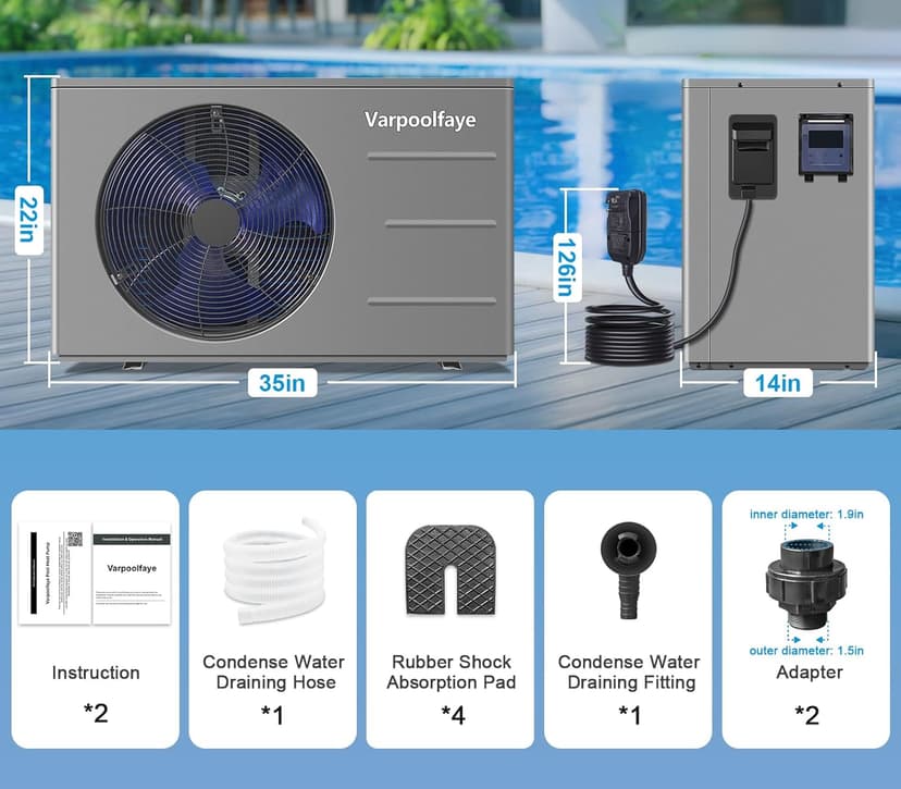 Pool Heat Pump 30000 BTU Pool Heater for Above Ground or Inground Swimming Pools Spa Heating and Cooling with WiFi Control Schedule 120V 8000 Gallon