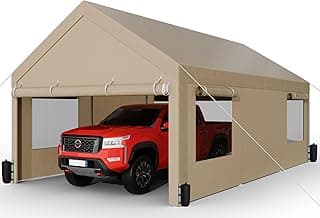Shintenchi Carport 12' x 20' Heavy Duty Portable Garage, Car Port Canopy with Side-Opening Removable Door & Roll-Up Windows, Car Canopy for Truck,Car,Boat,Motorcycle,Khaki