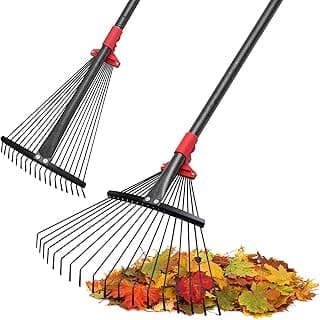 Rake, Adjustable Rake for Leaves with 9”-17” Rake Head, Rakes for Lawns Heavy Duty, 60 in Garden Rake with 18 Clog-Free Tines, Long Handle, Metal Rakes Tool for Gardening, Fast Cleanup Camping Rake