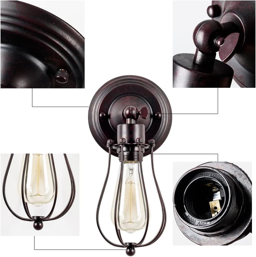 Industrial Wall Sconce Vintage Lighting Adjustable Lamp Rustic Wire Metal Cage Wall Light Shade Edison Style Antique Fixture Porch Mirror (No Bulb) (Bronze Color) (Rust)
