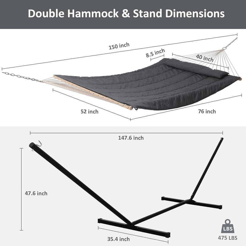 SUNCREAT Double Outdoor Hammock with Stand, Two Person Cotton Rope Hammock with Polyester Pad, Dark Gray