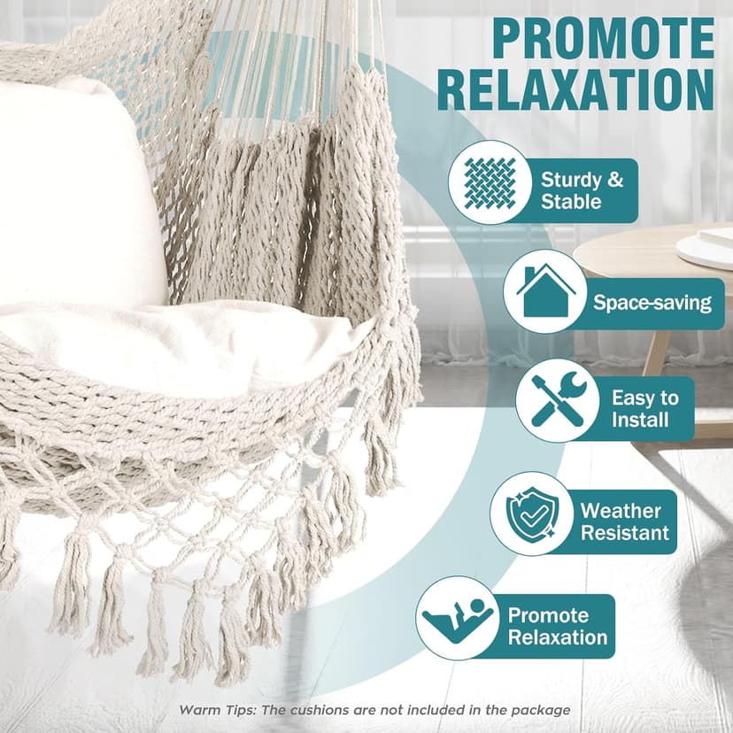 Chihee Hammock Chair Super Large Hanging Chair Soft-Spun Cotton Rope Weaving Chair, Collapsible Strong Metal Spreader Bar Wide Seat Lace Stretch Swing Chair Indoor Outdoor Garden Yard Theme Decoration