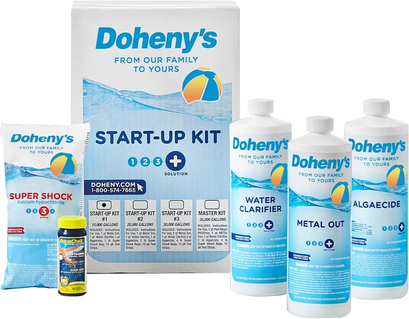 Doheny's Ultimate Pool Opening Start-Up Kit | Includes Metal Out, Algae Control, Clarifier & Super Shock | Prevents Stains, Rust & Scale | Free 10-Pack Test Strips | Pro-Grade Pool Chemicals