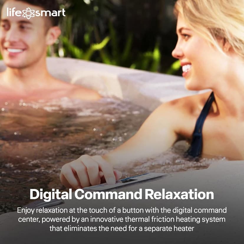 LifeSmart 4-Person Hot Tub, Outdoor Spa with Cover and LED Lights, Square, Beige - Above-Ground Spa Machine with Accessories for Home and Personal Relaxation