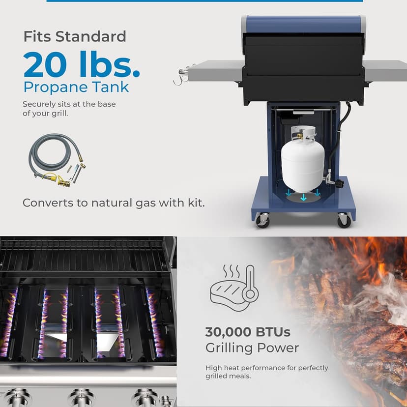 Kenmore 3-Burner Propane BBQ Grill, 30,000 BTUs Gas Grill with Cast Iron Cooking Grates, Folding Side Tables & Wheels, Outdoor Grill with Tool Hooks, Azure Blue