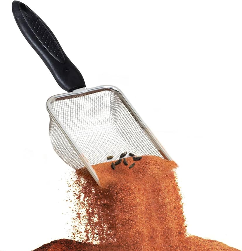 SunGrow Cat, Reptile Sand Scoop, Stainless Steel Fine Mesh Net for Lizard, Gecko, Snake Habitat, Substrate and Gravel Sifter, Black Non-Slip Handle Sifter, 11” x 4” x 2”, 1 Pc