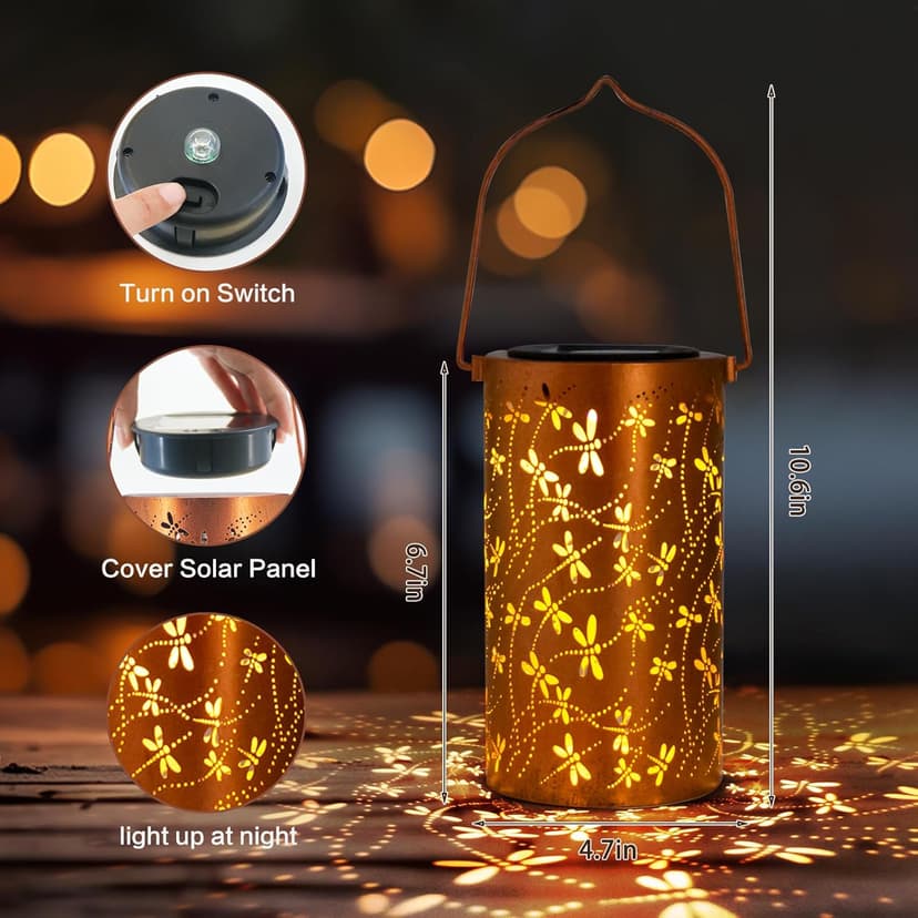 Solar Lanterns Outdoor Hanging Lantern Lights, Dragonfly Hollowed-Out Metal Decor Lantern, Waterproof LED Decorative Garden Light - Delicate Garden Decoration for Patio, Yard