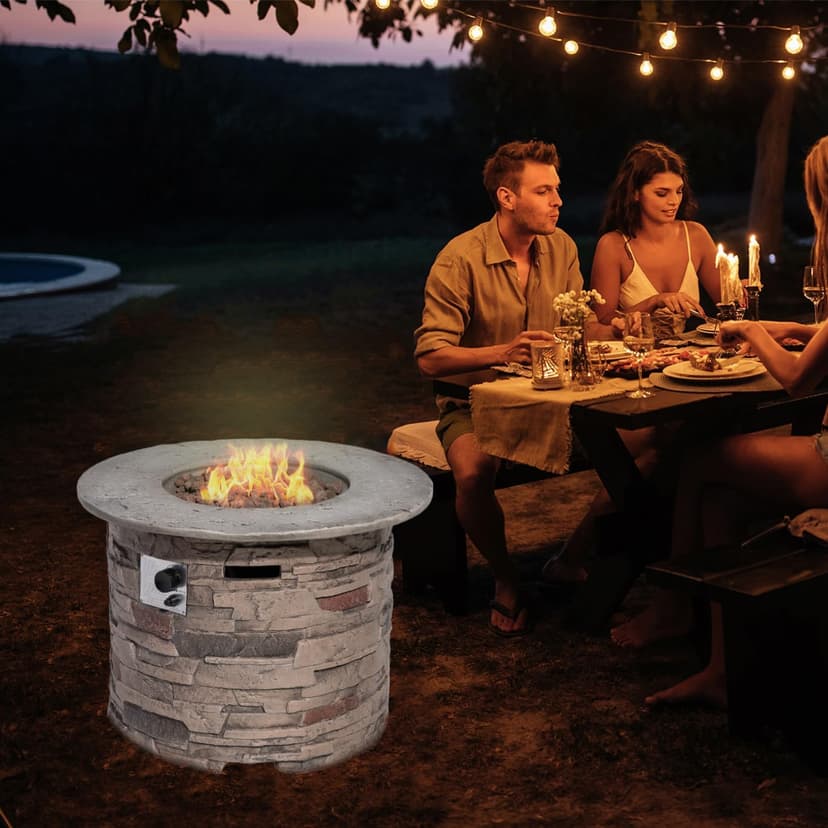 SUNBURY Outdoor Fire Pit Propane Round Fire Pit Table Fire Column, Stonecrest 40,000 BTU Gas Fire Pits for Outside w Lava Rocks, Waterproof Cover, CSA Certified