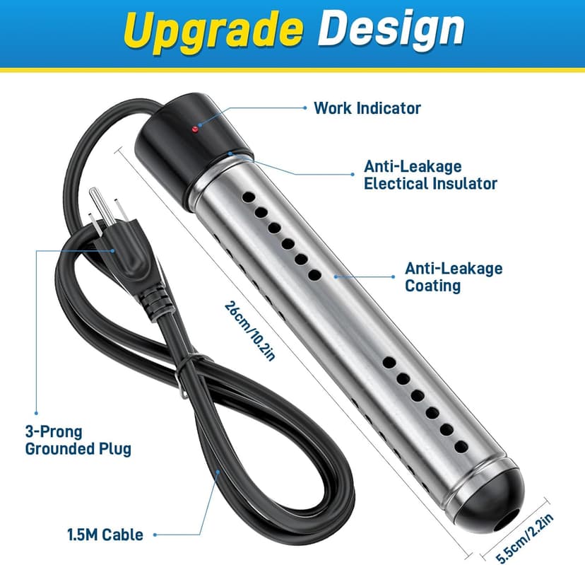 2000W Immersion Water Heater, Portable Water Heater Electric with Real-Time LCD Thermometer Control, with 304 SS Guard Fast Heats up 5 gallons Water in Minutes for Bucket, Basin, Bathtub, Small Pool