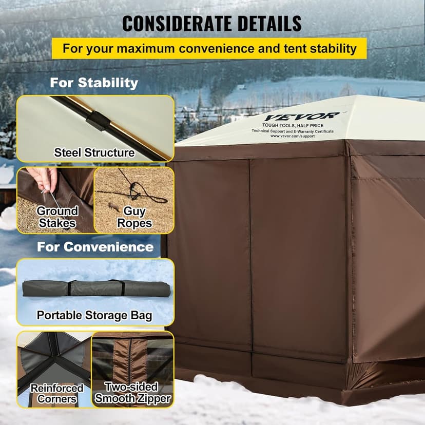 VEVOR Pop Up Gazebo Screen Tent, Pop-Up Instant Gazebo Tent with Mosquito Netting Outdoor Canopy, 6 Sided Sun Shelter 10x10ft with 6 Removable Wind Cloths & 2 Mesh Windows, Pavilion Tent for Patio