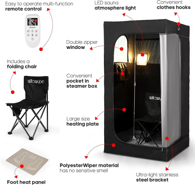 WILLOWYBE Portable Infrared Sauna for Home with 6 Heating Plates, Sauna Tent, Foot Heating Pad and LED Warm Light, Dry Infrared Sauna Box for Full Body, Personal Home Spa