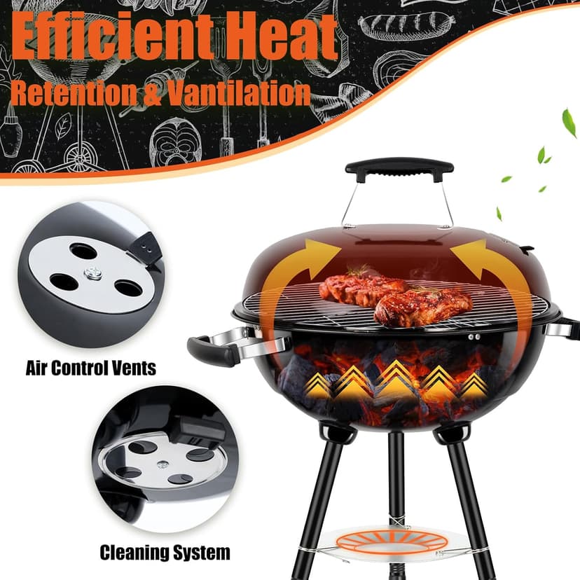 18 Inch Kettle Charcoal Grill, Leonyo Outdoor Barbecue Kettle Grill, Portable Round Smoker with Wheels, Porcelain-Enameled Lid & Fire Bowl, Perfect for Camping/Backyard/Tabletop Cooking/BBQ Party