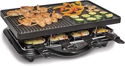 Hamilton Beach Electric Indoor Raclette Table Grill, PFAS-Free Serves up to 8 People for Parties and Family Fun, Includes 8 Warming Trays, Black (31612MN-MX), 200 sq. in. Nonstick Griddle