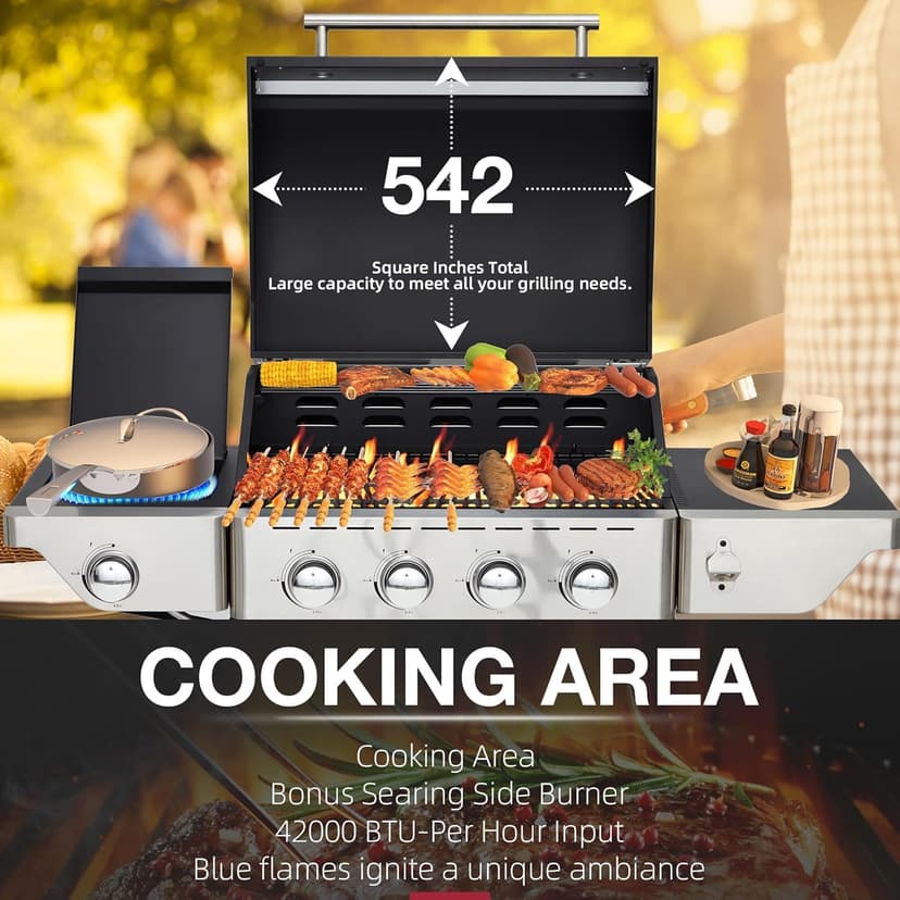 4-Burner Propane Gas Grill with Side Burner, Stainless Steel Spice Rack 542 Sq.In BBQ, 45,000 BTU Portable Propane Grill Output for Outdoor Cooking Kitchen, Barbecue Garden Patio Backyard