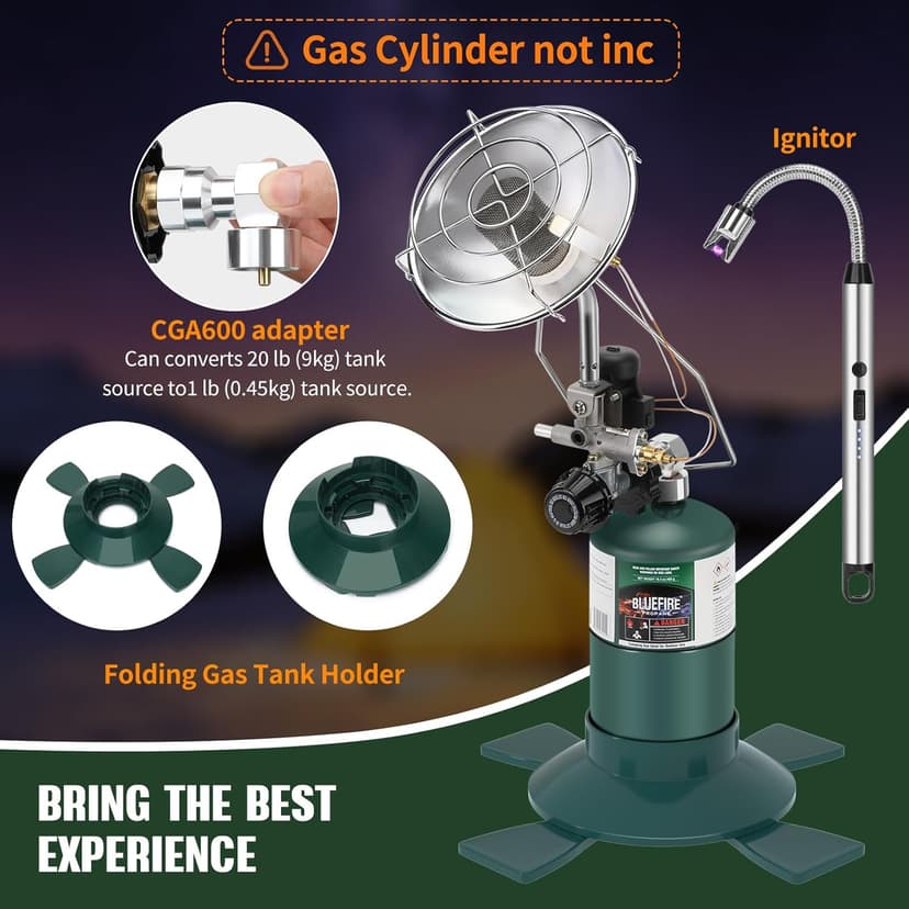 KOMAN Propane Heater for Tent, Camping & Patio - Portable Outdoor Heater with 1lb Propane Tank & 20-40lb POL Adapter, Safety Shut-off Valve & Tip-over Switch