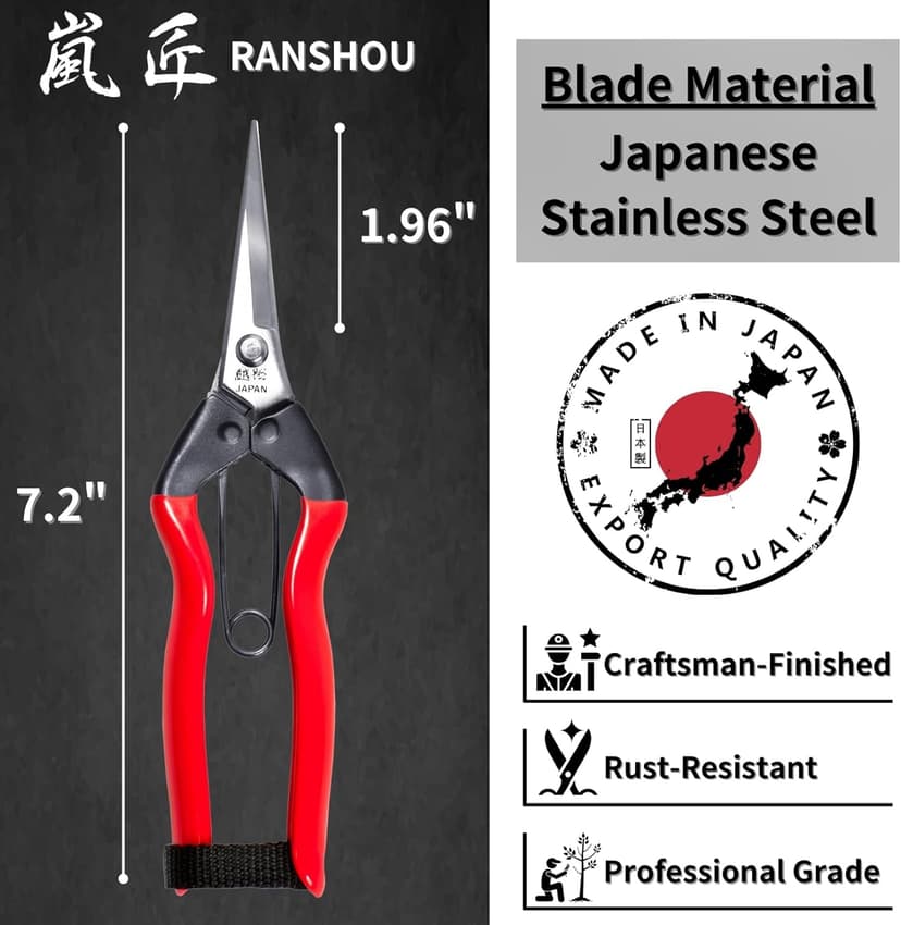 Japanese Trimming Scissors 7.2" Precision Pruning Shears with Pointed Tips, Razor-Sharp Japanese Stainless Steel Blade, Non-Slip Spring-Loaded Handle, Made in Japan