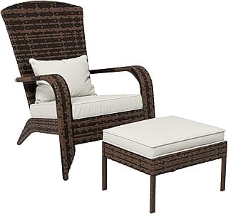 Outsunny Patio Wicker Adirondack Chair with Ottoman, Outdoor Fire Pit Chair with Cushions, High-Back, Large Seat & Armrests for Deck, Garden & Backyard, Cream White