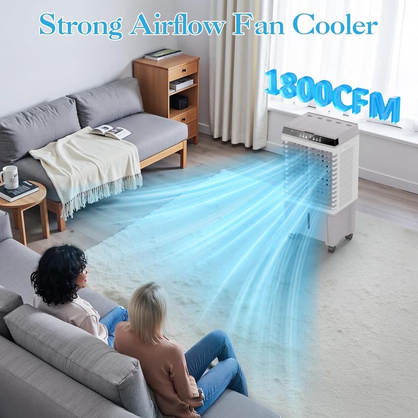 Evaporative Air Cooler, LifePlus 1800CFM Cooling Fan Tower Fan Swamp Cooler with Remote Control, 3 Speed Wind 5.3 Gallon Water Tank 4 Ice Boxes 12H Timer for Room Commercial Office