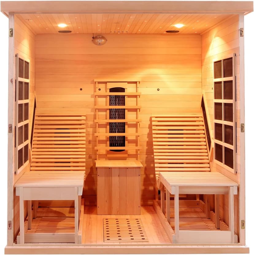 ZONEMEL Far Infrared 2 Person Wooden Sauna Room with Recliner, Red Cedar Luxury Indoor Sauna with 10 Heating Panels, Oxygen Bar, 3400 Watt, Infrared Therapy Wood Dry Heat Sauna, 220V