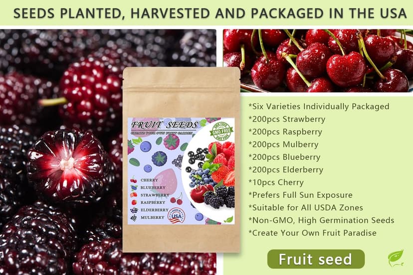 Mix Fruit Seeds 1100+ Berry Seeds for Planting Strawberry Raspberry Mulberry Blueberry Elderberry Cherry - 6 Varieties Individually Packaged Non-GMO for Home Garden