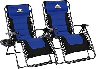 Oversized Padded Zero Gravity Lounge Chair Set of 2, Foldable Patio Anti Gravity Reclining Chairs Folding Lawn Recliner with Cup Holder for Yard, Camping, Outdoor, Support 350 LBS, Blue