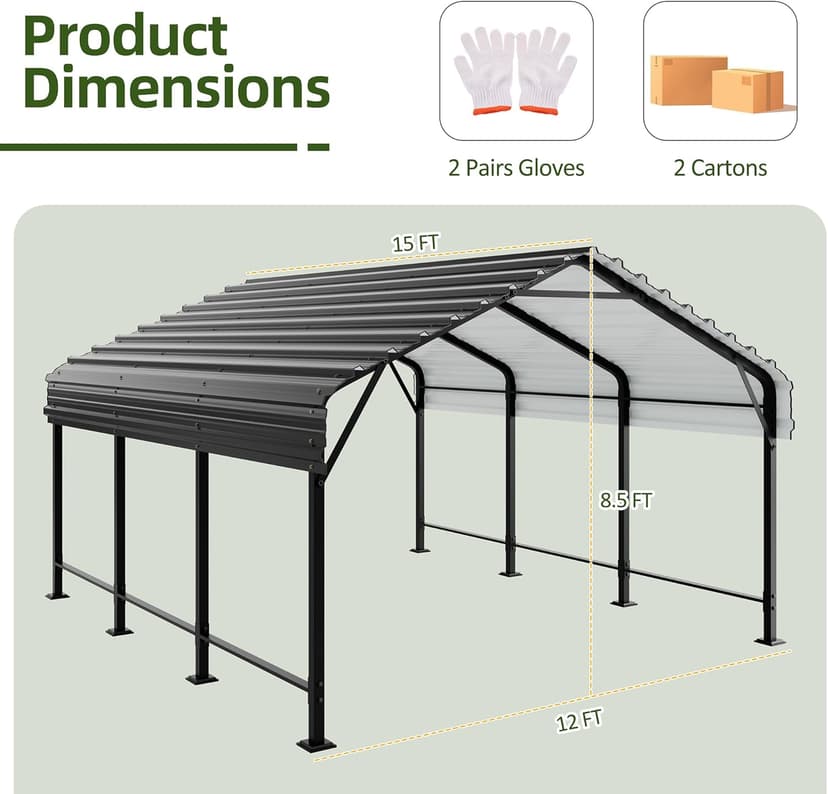 JAMFLY 12X15 FT Carport, Heavy Duty Carport Canopy with Galvanized Steel Roof and Frame, Metal Carport Upgraded Extra Large Garage for Pickup, Boat, Car and Tractors