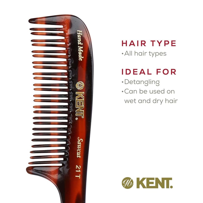 KENT 21T 8 Inch Large Hair Detangling Comb, Wide Teeth for Thick Curly Wavy Hair. Long Hair Detangler Comb For Wet and Dry. Handmade of Quality Cellulose, Saw-Cut Hand Polished, Made in England