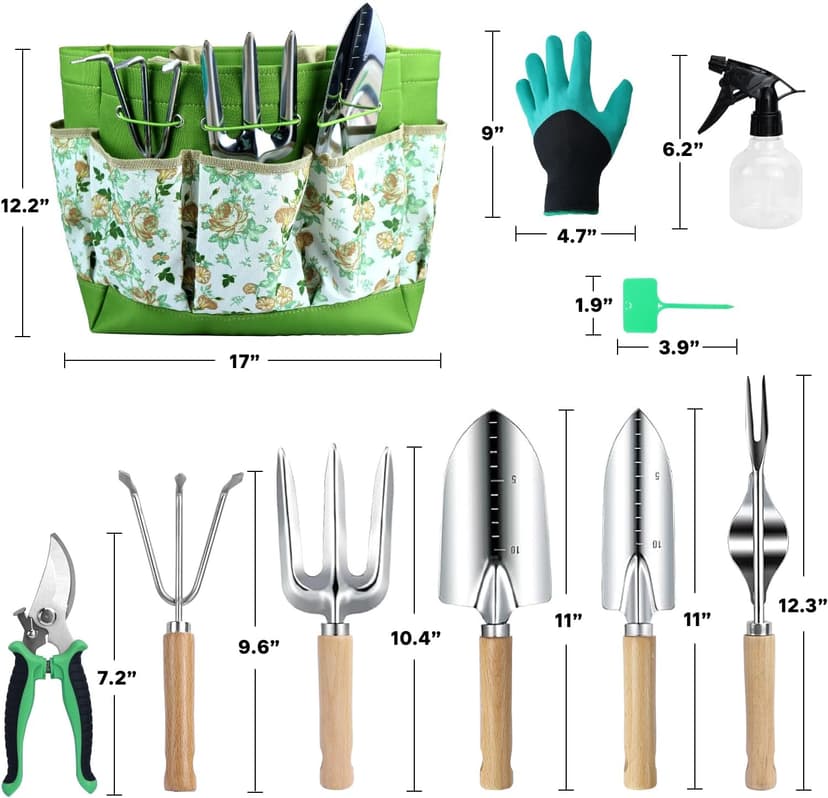 10-Piece Gardening Tool Set with Heavy Duty Rust-Resistant Hand Tools, Durable Floral Organizer Tote Bag, and Gardening Gloves – Perfect Gardening Gifts for Women and Beginners