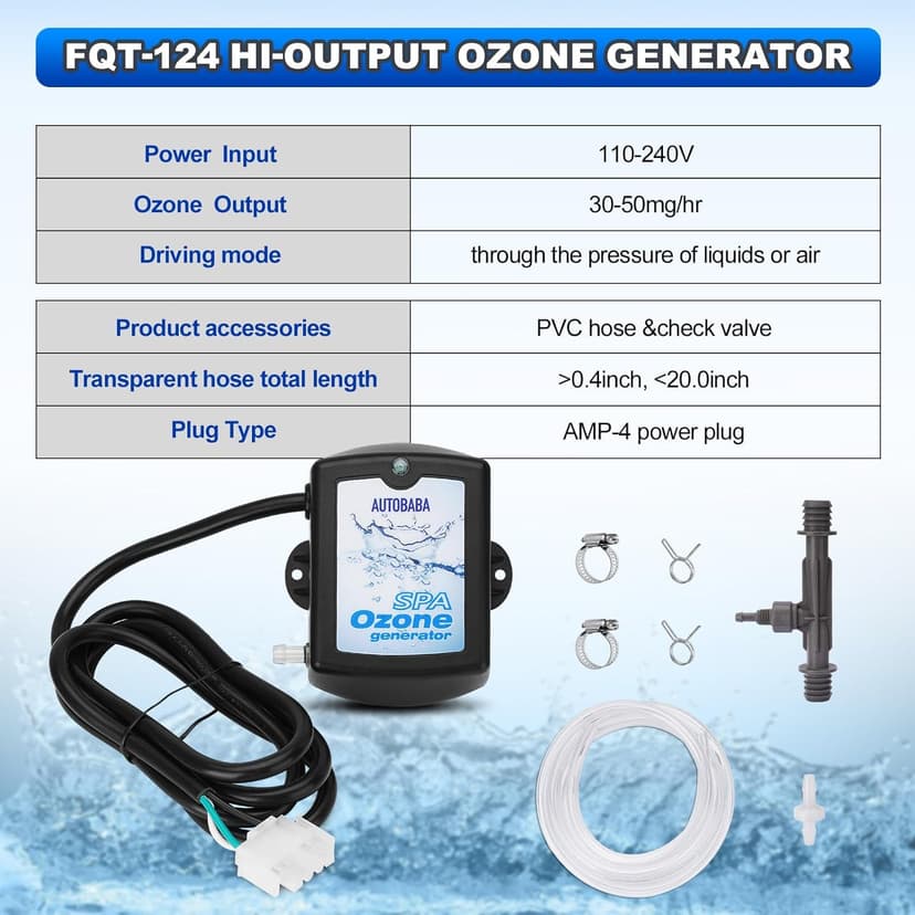 50-100mg/h Spa Ozone Generator Kit SPA-124, Provide High Output of Stable Ozone for Spas, Hot Tubs and Cold Plunge, Ozone Kit Generator for Home - Universal: 110V / 240V (AMP-4 Plug)