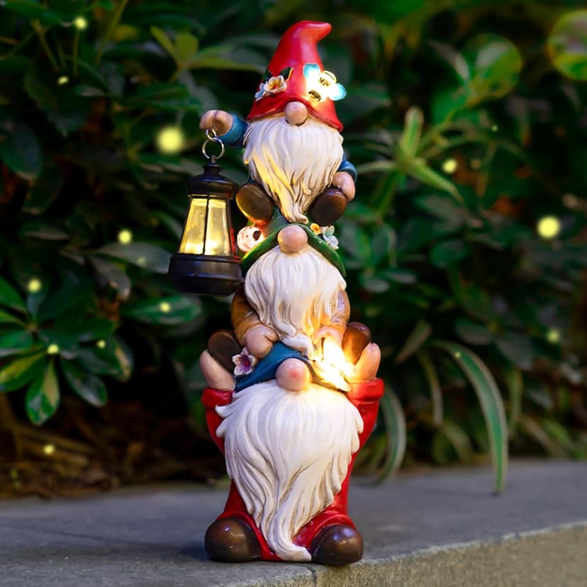 Garden Gnome Statue with Solar Lights Large Garden Sculptures Funny Triple Gnome Outdoor Patio Lawn Yard Balcony Garden Home Decor Gifts for Women Mom 12 in Fathers Day Gnome