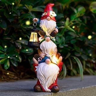 Garden Gnome Statue with Solar Lights Large Garden Sculptures Funny Triple Gnome Outdoor Patio Lawn Yard Balcony Garden Home Decor Gifts for Women Mom 12 in Fathers Day Gnome