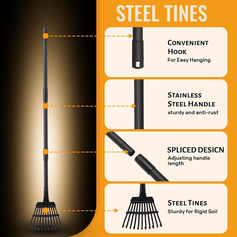 Small Garden Rake for Leaves,11 Tines Heavy Duty Metal Yard Hand Rake with 63in Long Adjustable Handle, Ideal Leaf Scoops Garden Tool for Gathering Leaves, Shrub,Poop, Leveling Grass,Flower Beds,Yards