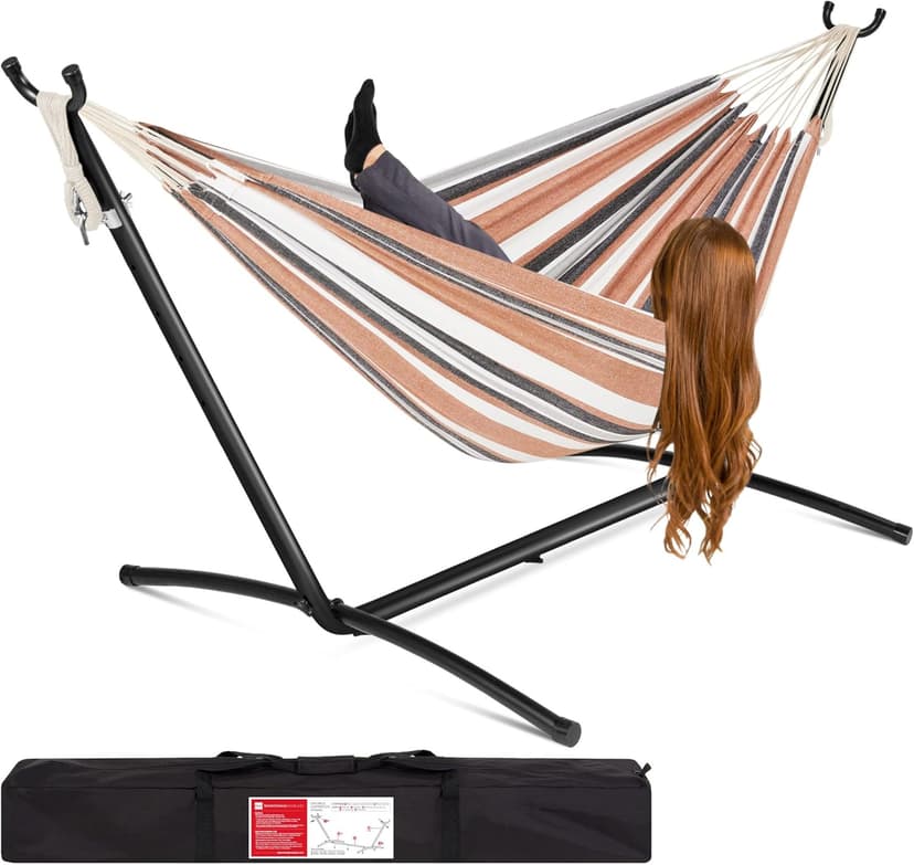Best Choice Products Double Hammock with Steel Stand, Indoor Outdoor Brazilian-Style Cotton Bed w/Carrying Bag, 2-Person Capacity - Desert Stripes