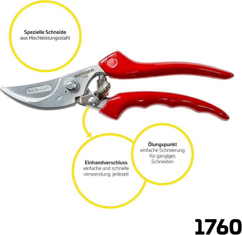 Professional Pruning Shear, Chrome-Coated Straight Blade, Forged Steel Body, Sap Groove to Prevent Sticking, Wire Cutting Notch, 1760